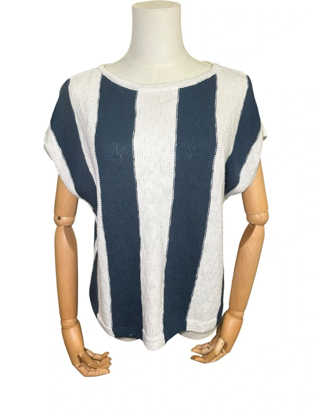 LOFT White Knit Sweater with Navy Accent
